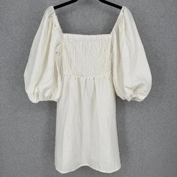 Tuckernuck Annie Linen Smocked Mini Dress Size S White Puff Sleeve Neutral Chic - Picture 1 of 11